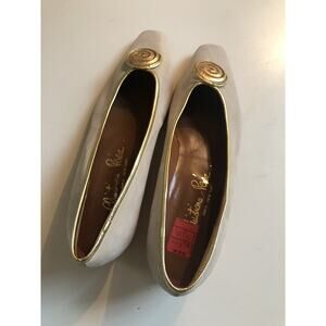 Vintage Christiane Perez Linen Leather Cream Gold Low Heel Shoes Size 9.5 B